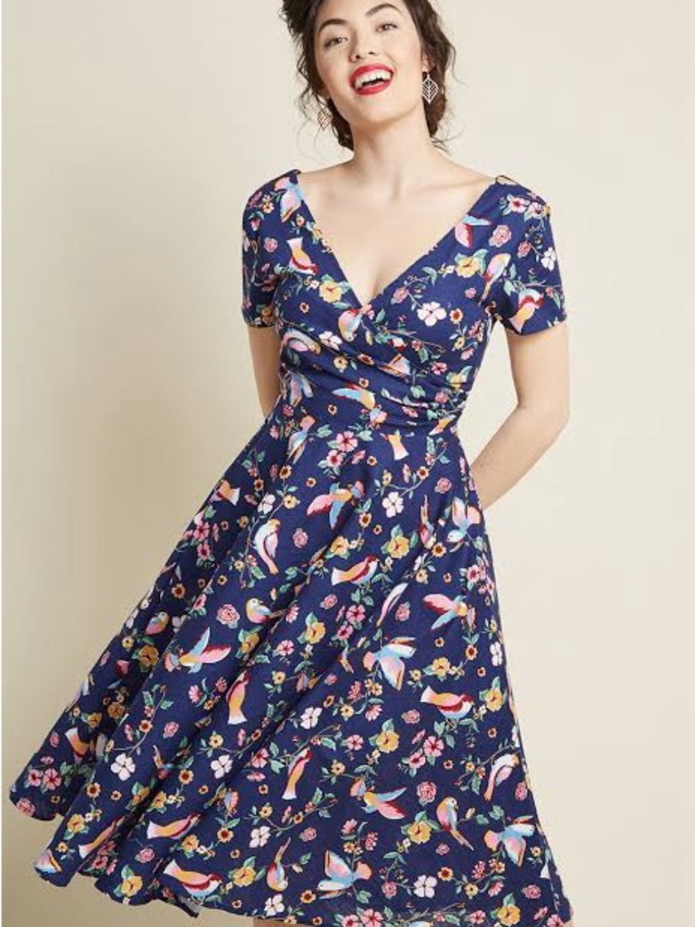Collectif Vintage Maria Blue Bird Floral Skater Dress 1950s vibe cotton Retro XS